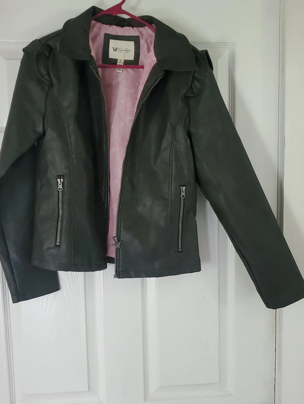 Cutest Jacket In The World. Jessica Simpson Faux Leather Pink Lining Butterflies - Picture 1 of 14